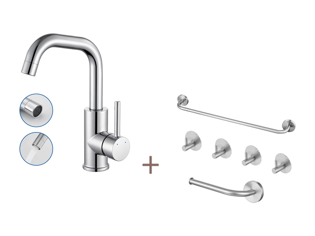 Mezclador lavabo,pivotante 360°, con aireador desmontable,cromado+conjunto accesorios baño 6 piezas, autoadhesivo/perforación,inoxidable,cepillado