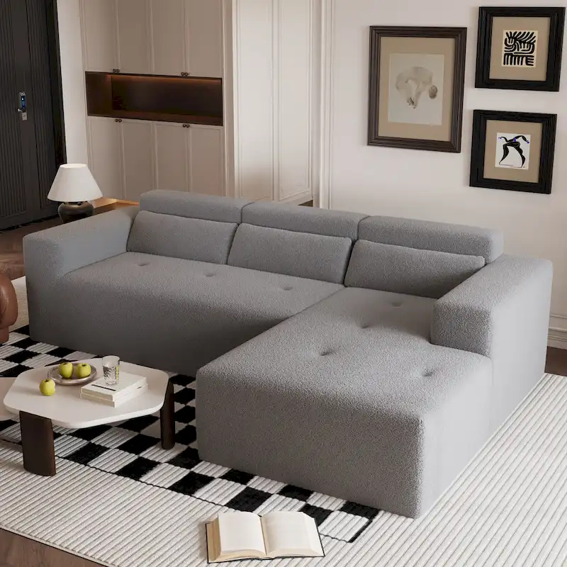 L Shaped Sectional Sofa with Upholstered Cushions and Modular Design