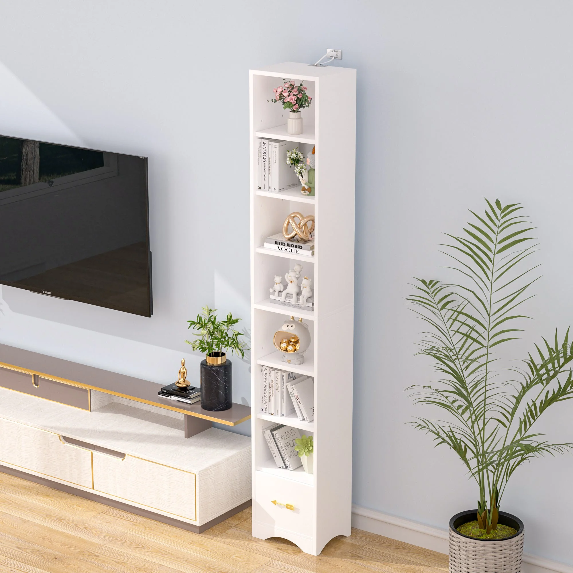 Javlergo 71" Tall Narrow Bookcase, Small Corner Bookshelf with Adjustable Shelves & Drawer, White - Image 2