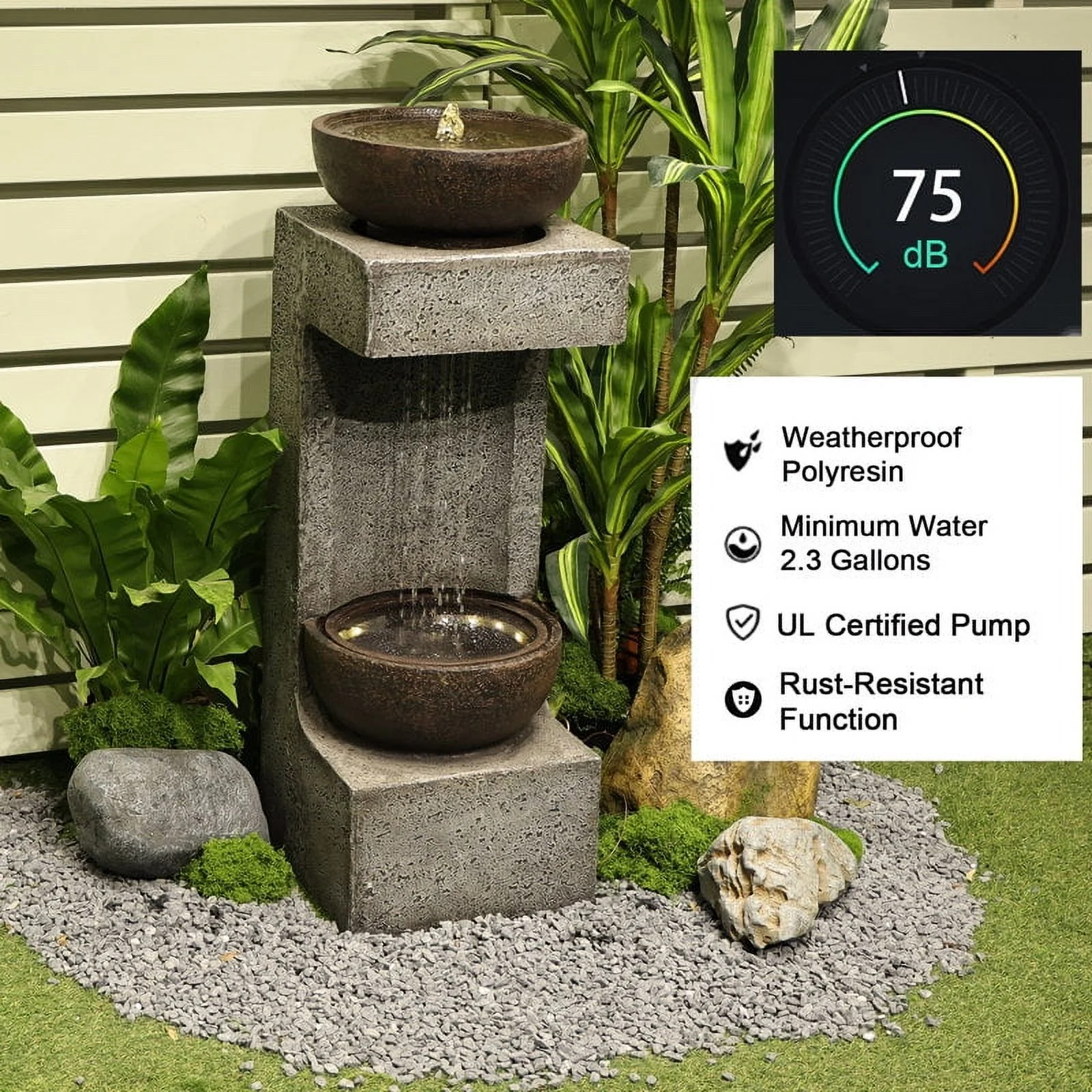 Water Fountain Modern Tiered Outdoor Fountain with Lights and Stone Planter for Garden, Patio, Backyard, Deck, Porch and Home Art Decor - Image 5