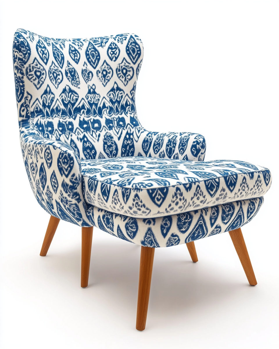 Sillón relax con reposapiés estampado azul y blanco, patas de madera