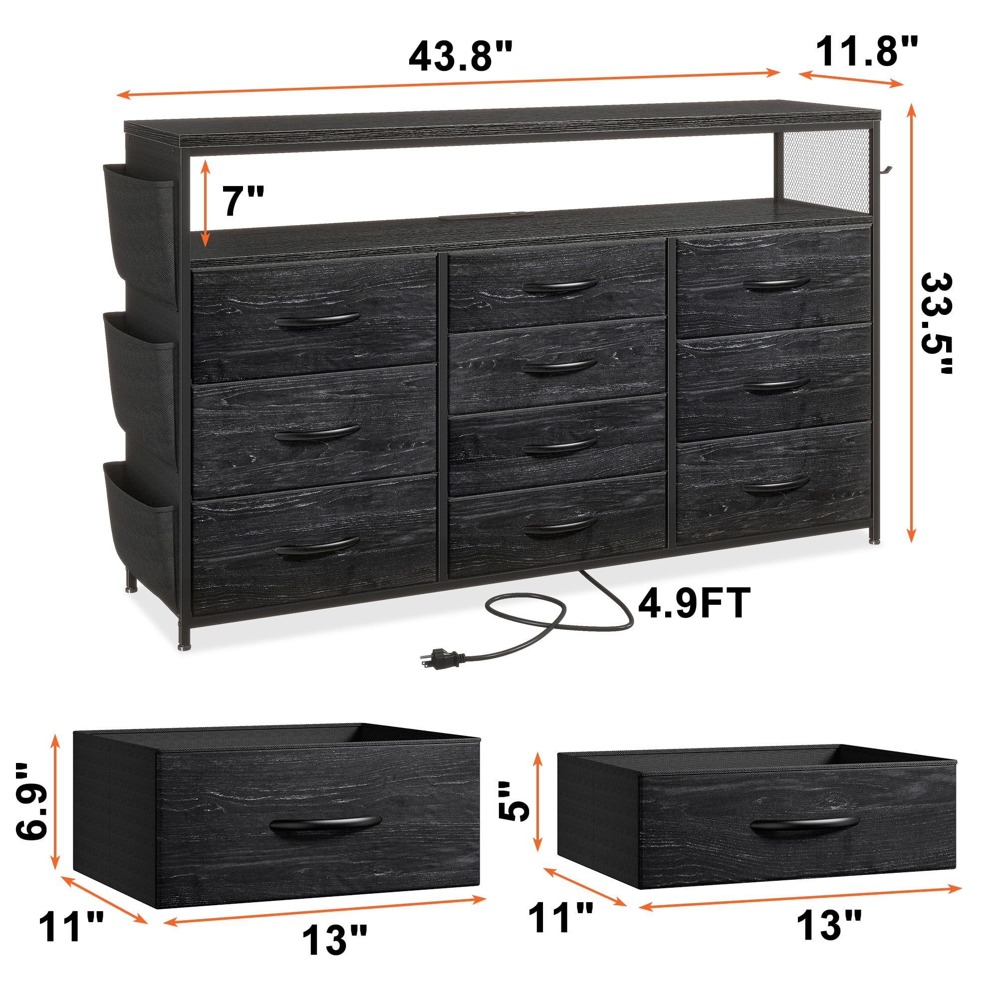 EnHomee Dressers for bedroom TV Stand with Power Outlets &LED Lights Wide Dresser with 10 Drawers&Side Pockets & Hook Fabric Chest of Drawers,Black - Image 2