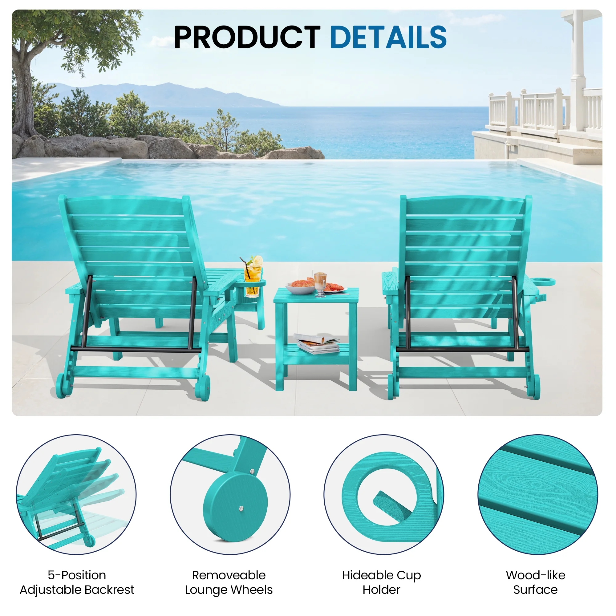 SERWALL Patio Chaise Lounge Chair, 78'' HDPE Outdoor Lounge Chair 5 Positions Pool Lounger Navy Blue - Image 16