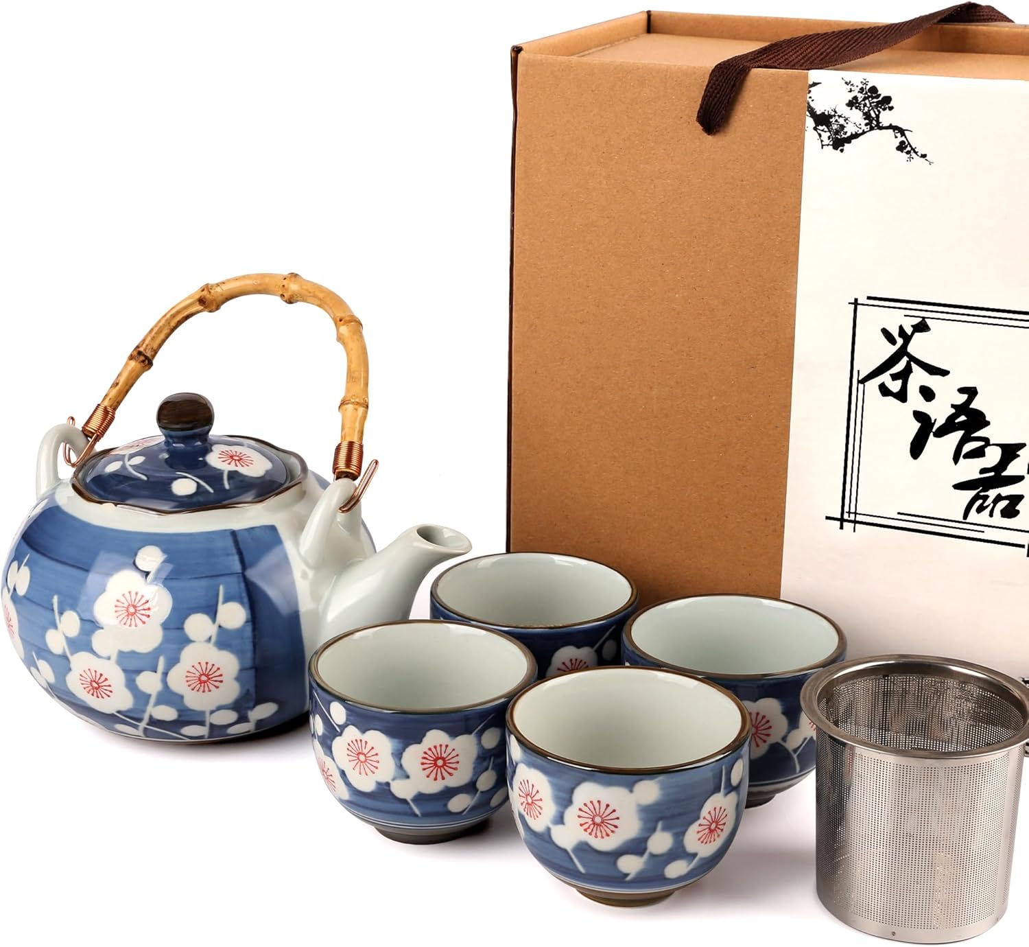 Japanese Tea Set, Japanese Style Porcelain Tea Sets for Adult, 1 Ceramic Tea Pot with Handle & 1 Stainless Steel Tea Filter & 4 Tea Cups (Sakura)