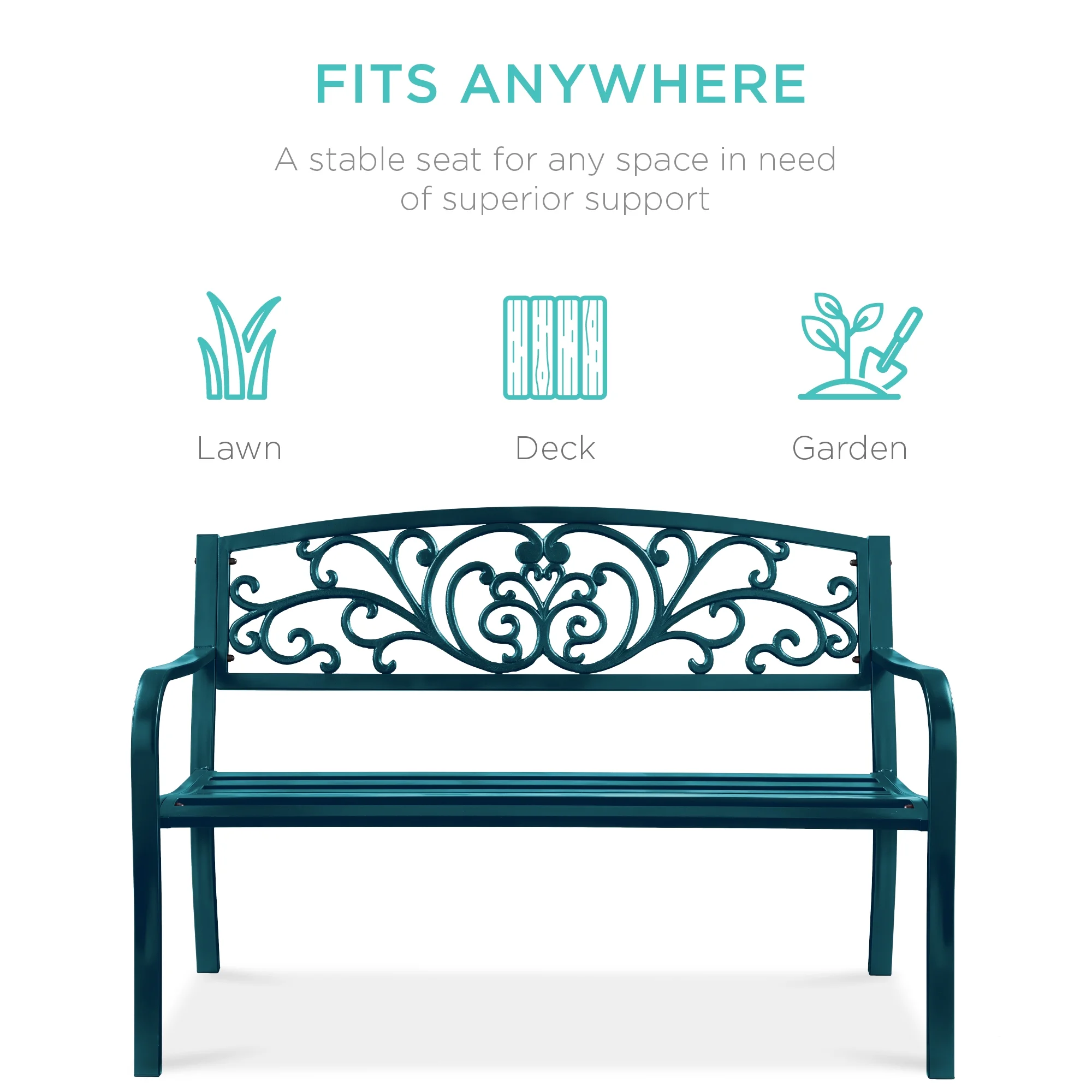 Best Choice Products Outdoor Steel Bench Garden Patio Porch Furniture w/ Floral Design Backrest - Black - Image 96