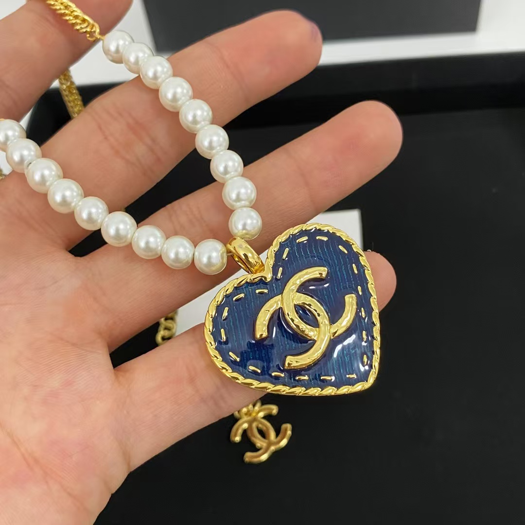 Chanel Denim Heart Double C Pendant Pearl Necklace - Original Replica Club