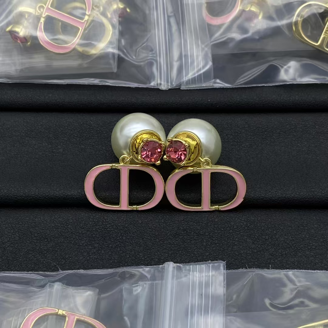 Dior Pink Enamel Pink Diamond Pearl Earrings - Original Replica Club