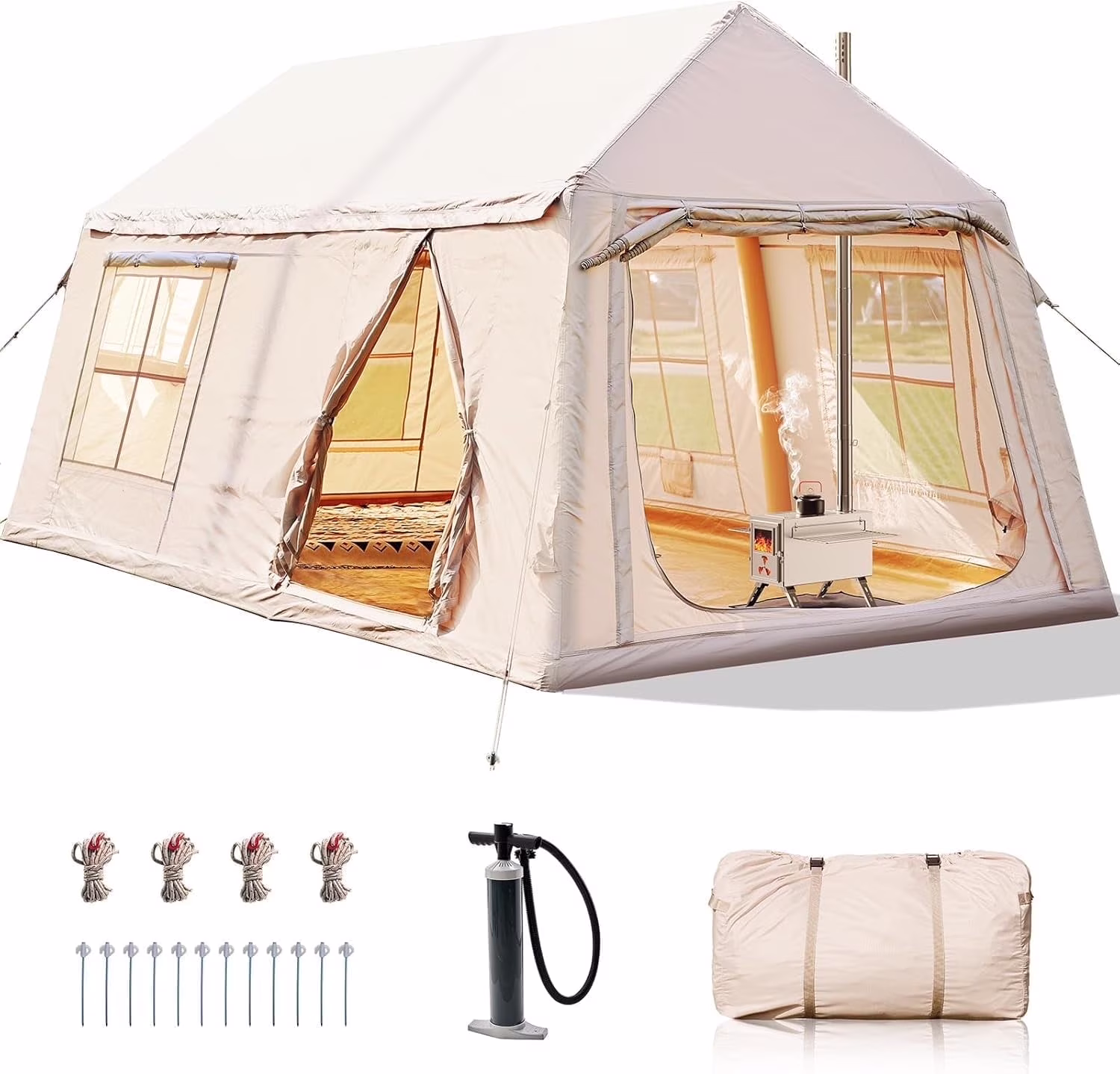 Lilypelle 4-6 Person Blow Up Inflatable Tent with Stove Jack, Hot Tent for Camping with Hand Pump, Waterproof Inflatable Camp Tent with Mesh Windows, Easy Setup Glamping Inflatable House - Image 15
