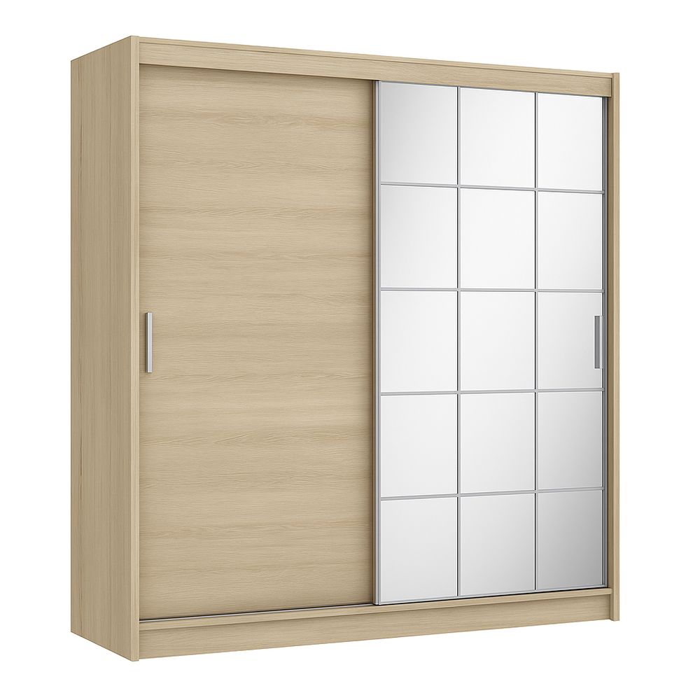 Armario deslizante moderno con espejo,madera clara,2 puertas,200x210 cm,diseño elegante para dormitorio