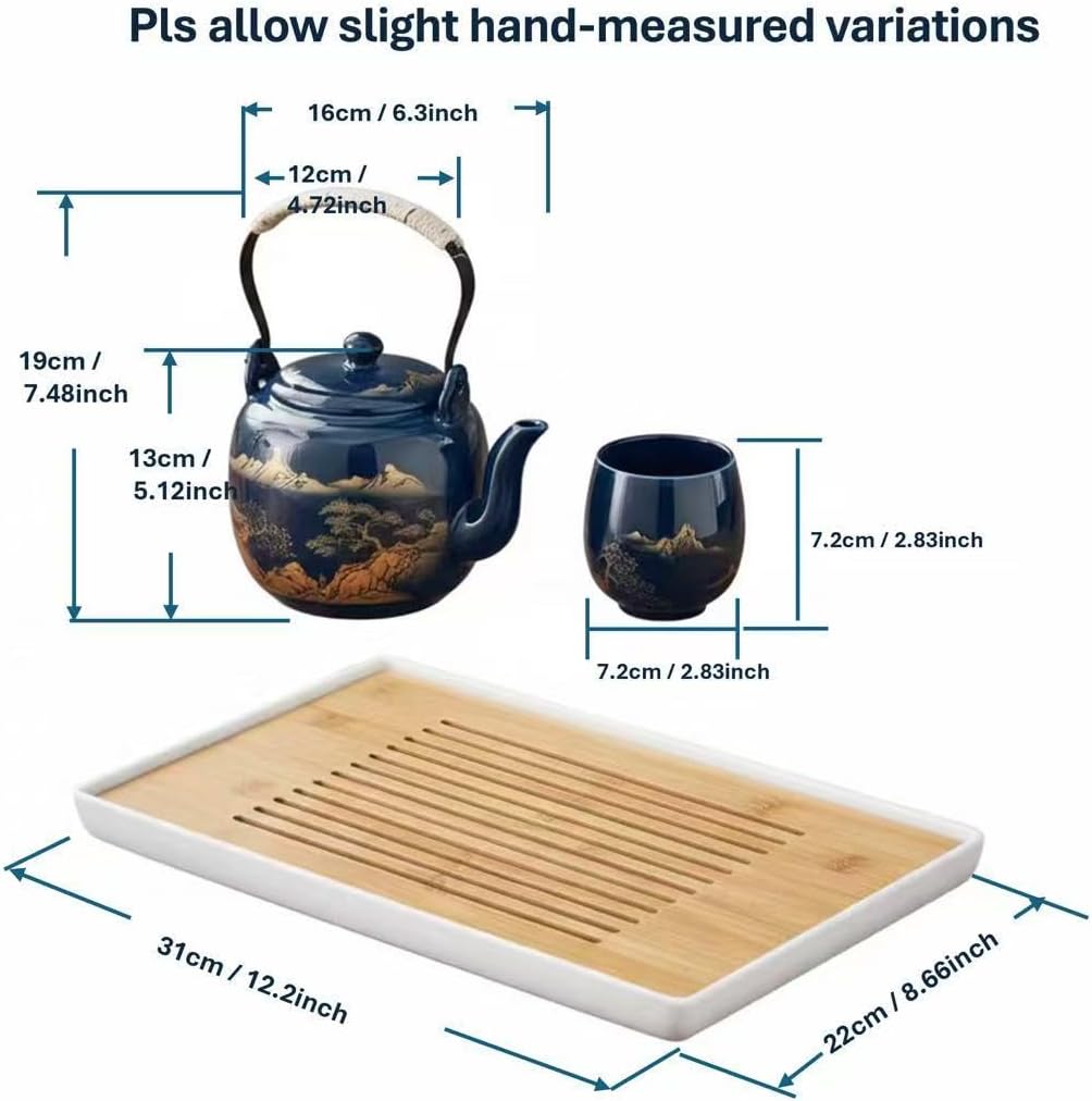 Japanese Tea Set of 6, 40oz Blue Porcelain Teapot and 6 Cups, Gold Hand-Painted Teaware with Stainless Steel Infuser and Tray, Traditional Style Gift for Tea Lovers, Mother's Day, Birthday