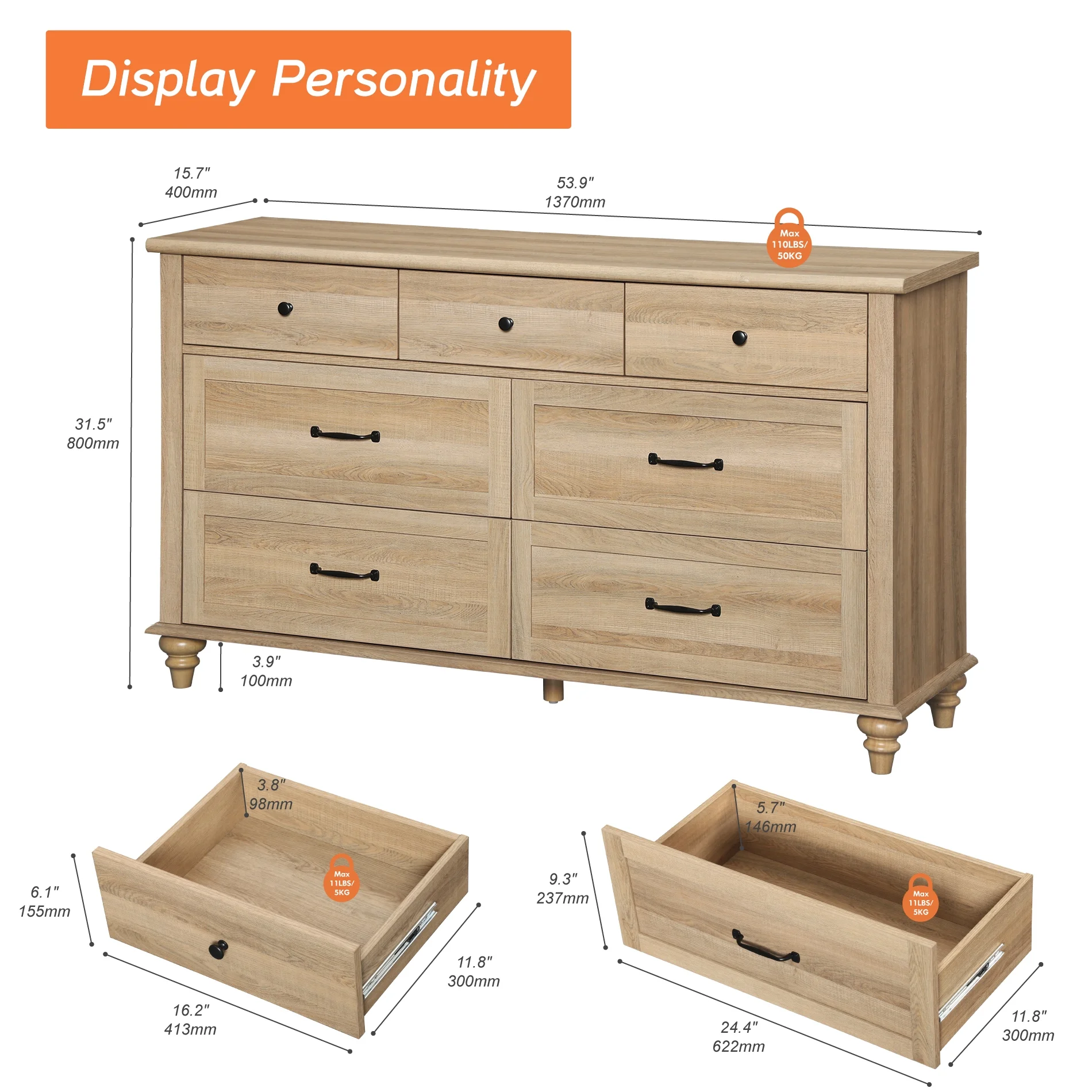 Oak 7 Drawer Dresser for Bedroom, Wooden Chest of Drawers for Living Room - Image 5