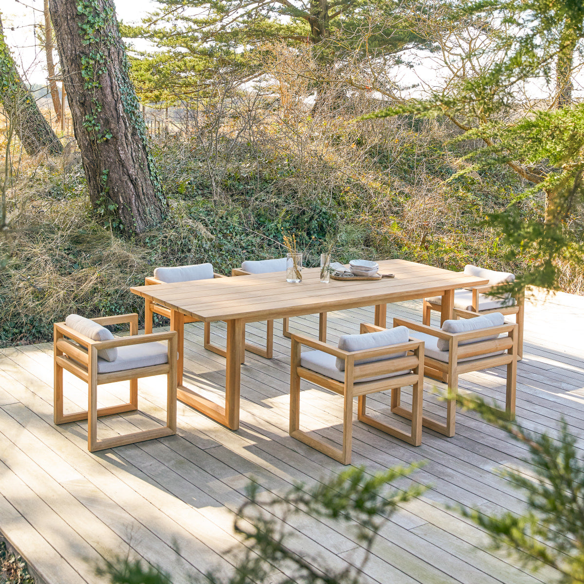 Tikamoon - Tuinset in teakhout en stof Noah 6 stoelen