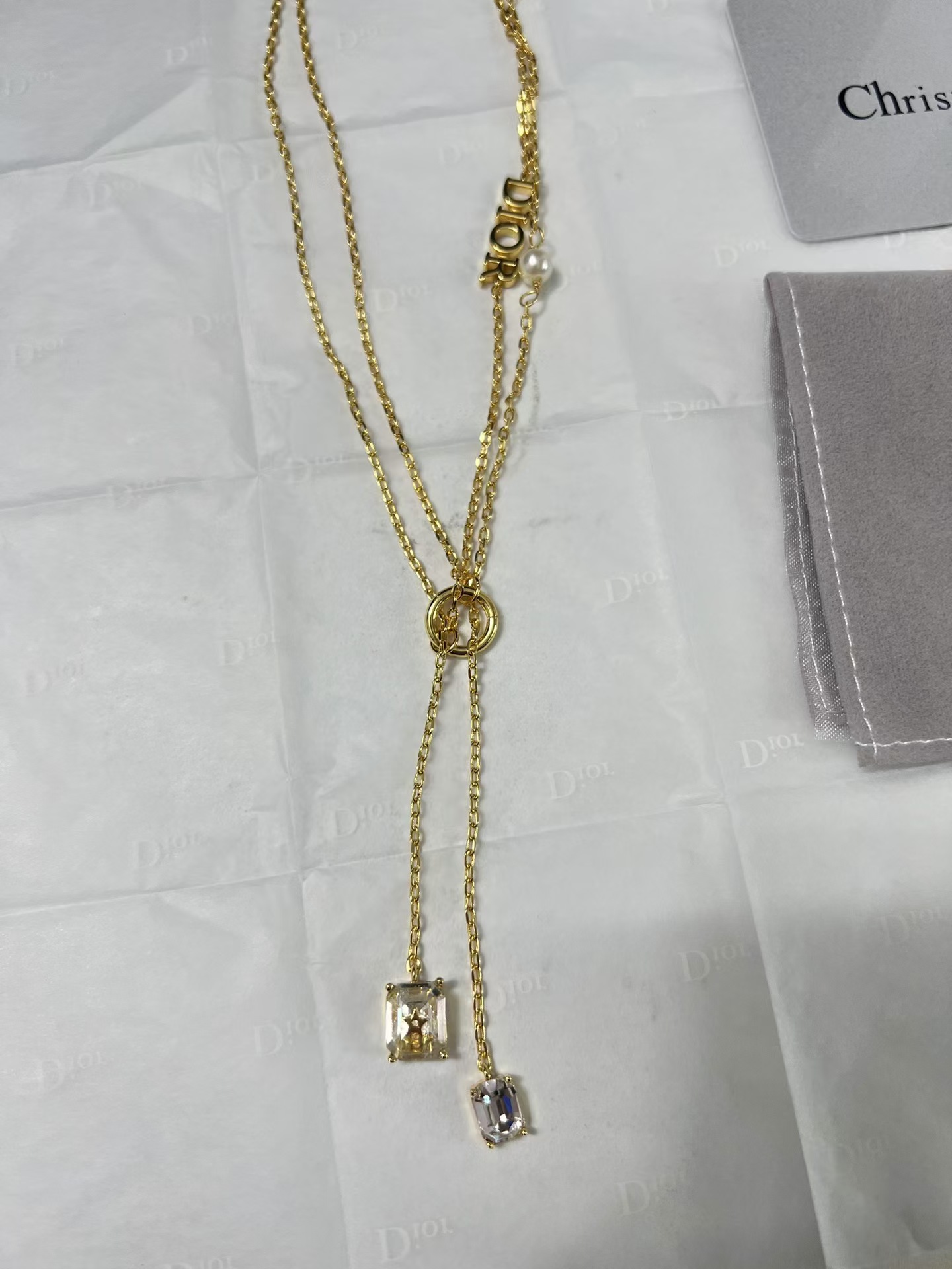 Dior Two Layered Two String Diamond Pendant Drop Y Necklace - Original Replica Club