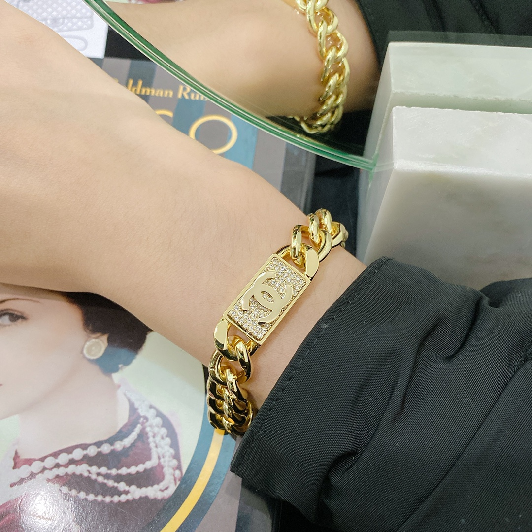 Chanel Gold Chunky Cuban Chain Rectangle Tag Bracelet - Original Replica Club