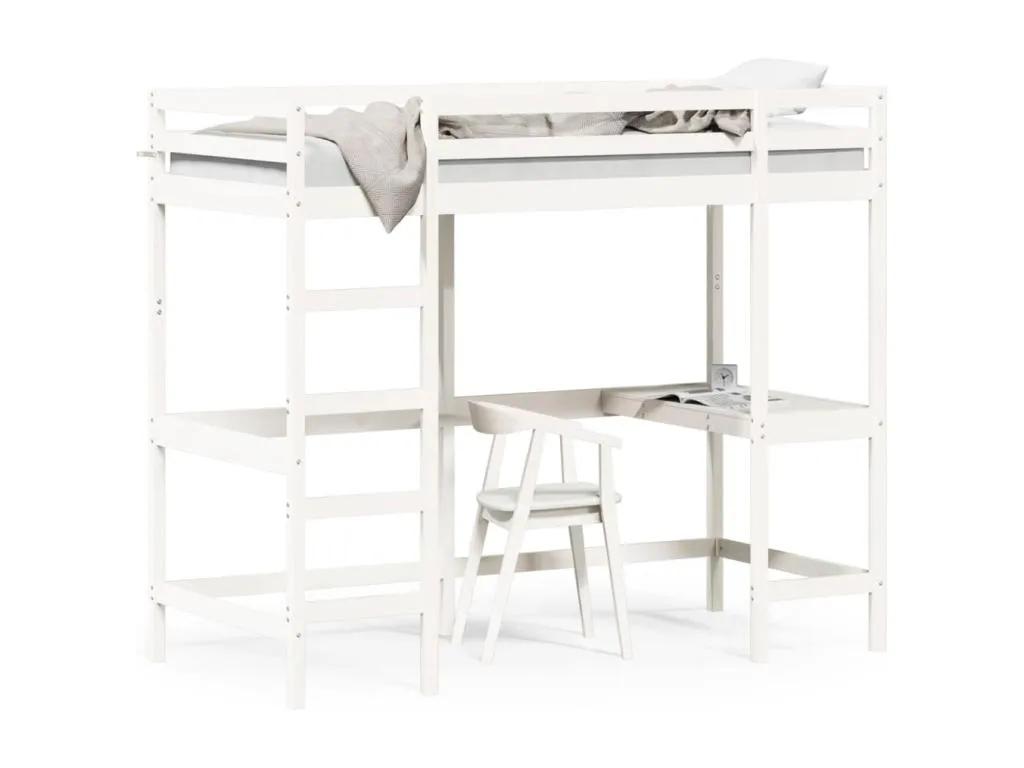 Cama alta con escritorio madera maciza pino blanca 90x200 cm qah3540900