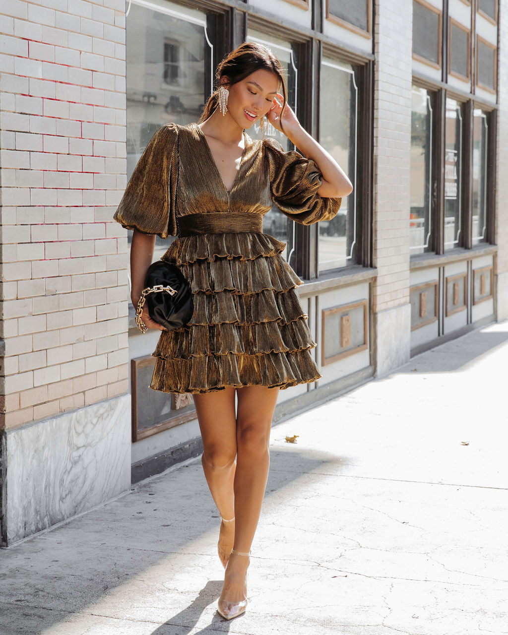 All Is Bright Metallic Tiered Mini Dress - Gold - Se7enfashion