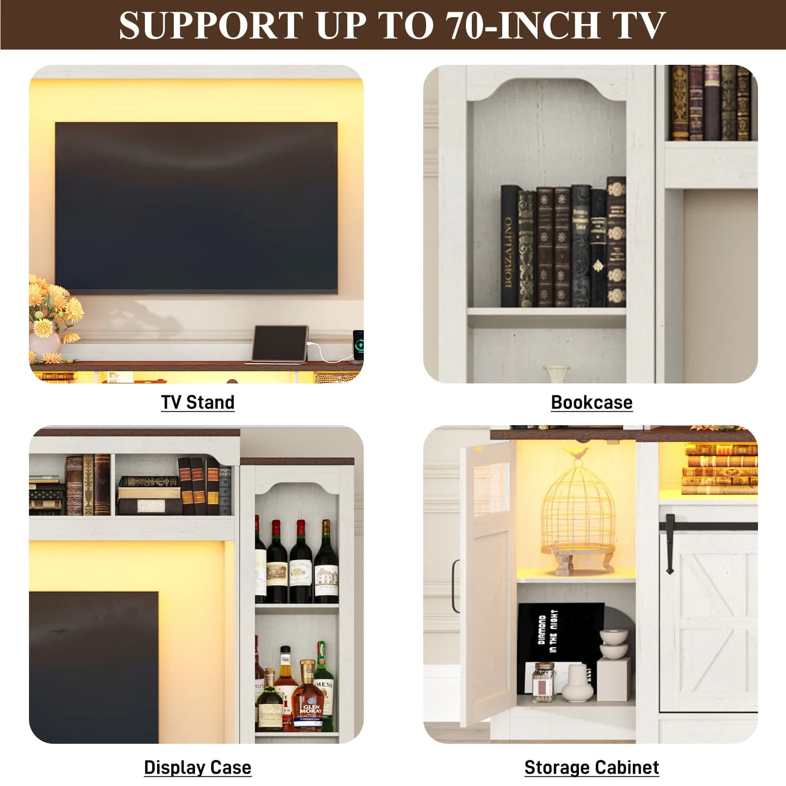 Farmhouse Wall Unit TV Stand with Storage for TVs up to 75", Large Entertainment Center with Bookshelves, LED Light & Power Outlet for Living Room - Image 7