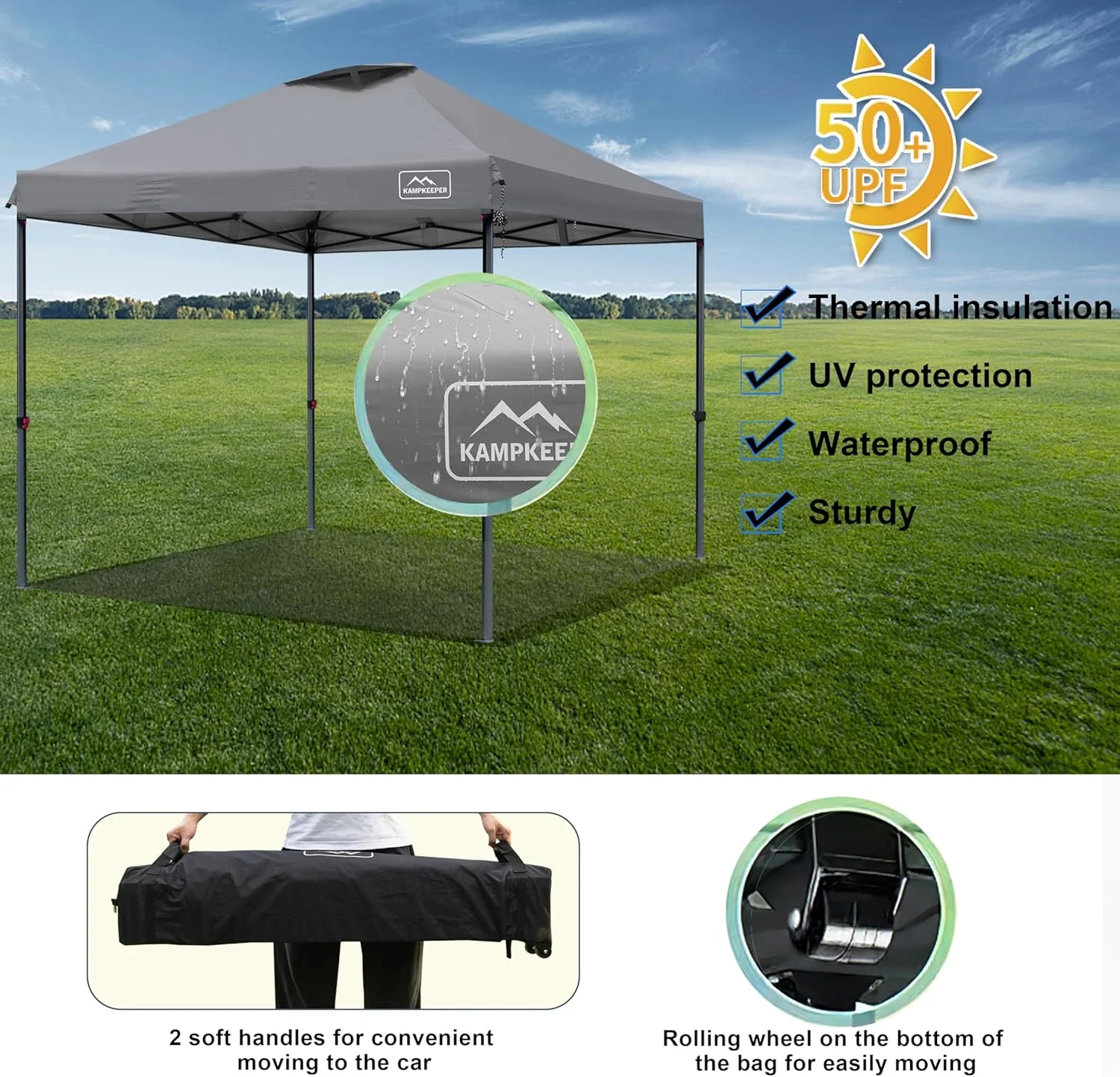 KAMPKEEPER One Person Setup 10x10 Pop up Canopy Tent, Instant Portable Canopy, One Push Outdoor Canopy with 3 Adjustable Heights, Wheeled Carry Bag, Bonus 8 Stakes and 4 Ropes(Dark Grey) - Image 3