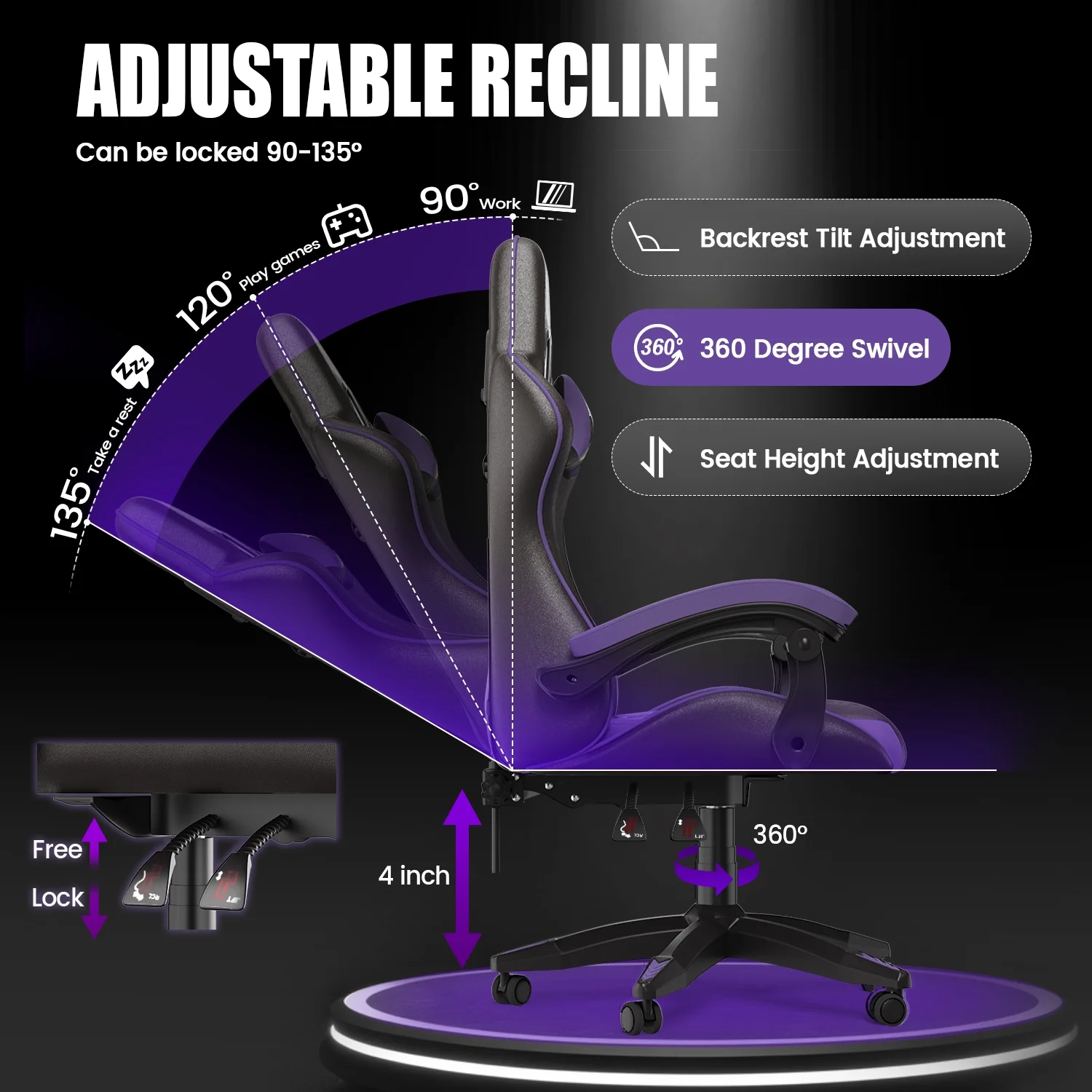 Bigzzia Gaming Chair Office Chair, Ergonomic Game Chair with Height Adjustable Headrest and Lumbar Support for Adults Teens, Black & White - Image 54