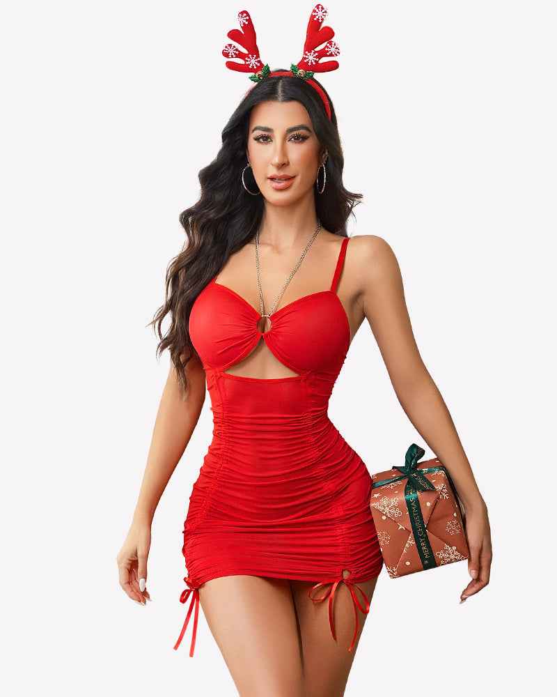 Sheer Mesh Chain Halter Ruched Dress with Thong