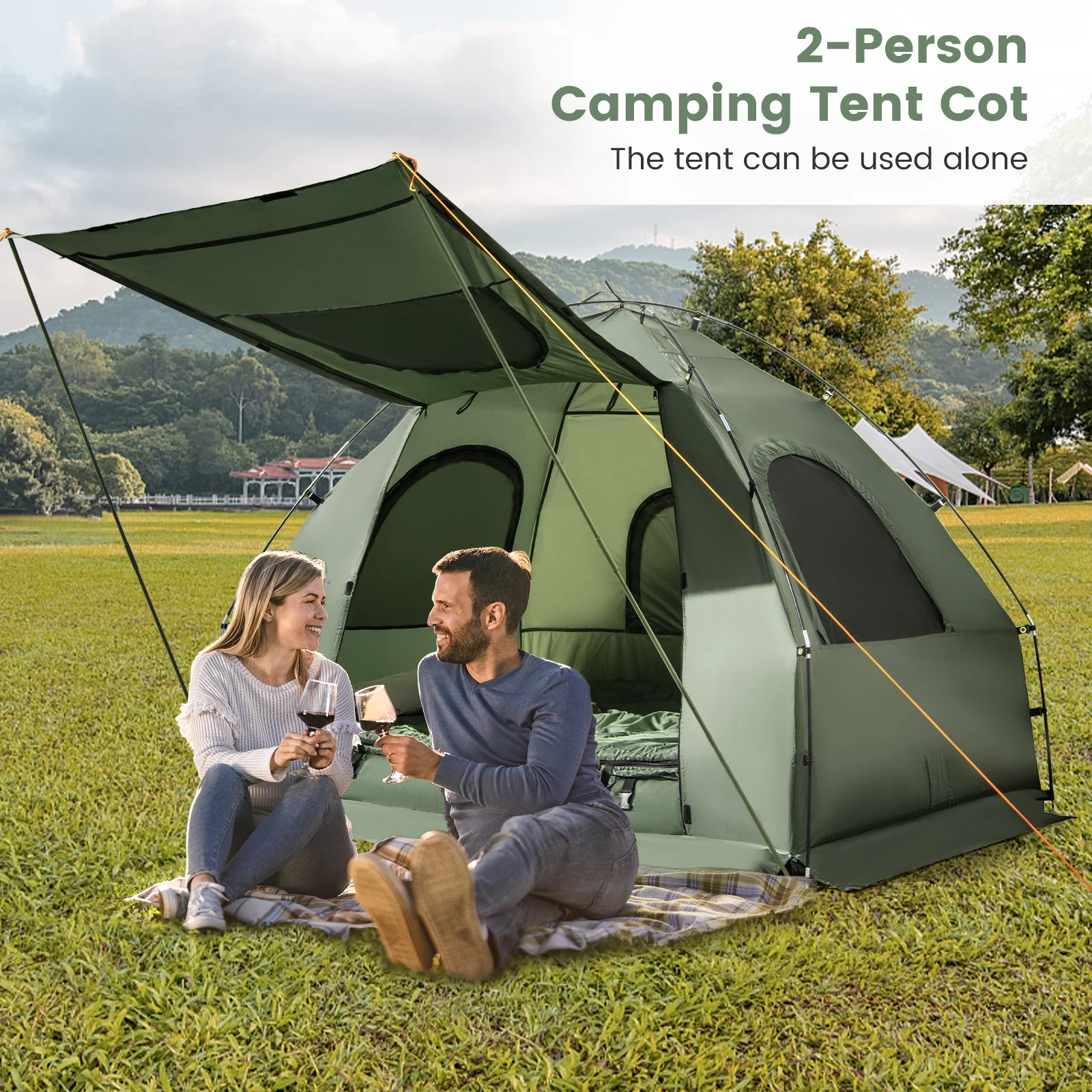 Gymax 2-Person Camping Tent Cot 5-in-1 Folding Camping Bed w/ Air Mattress Pillow Sleeping Bag - Image 9