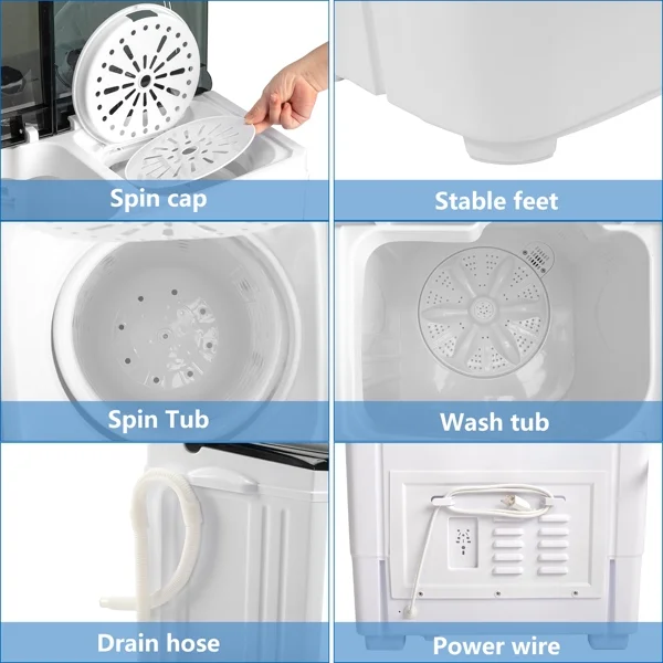 20Lb Twin Tub Washing Machine w/ Built-In Pump - Semi-Automatic 1300RPM Compact Washer for Apartment, Dorm, RV, Camping, White/Black