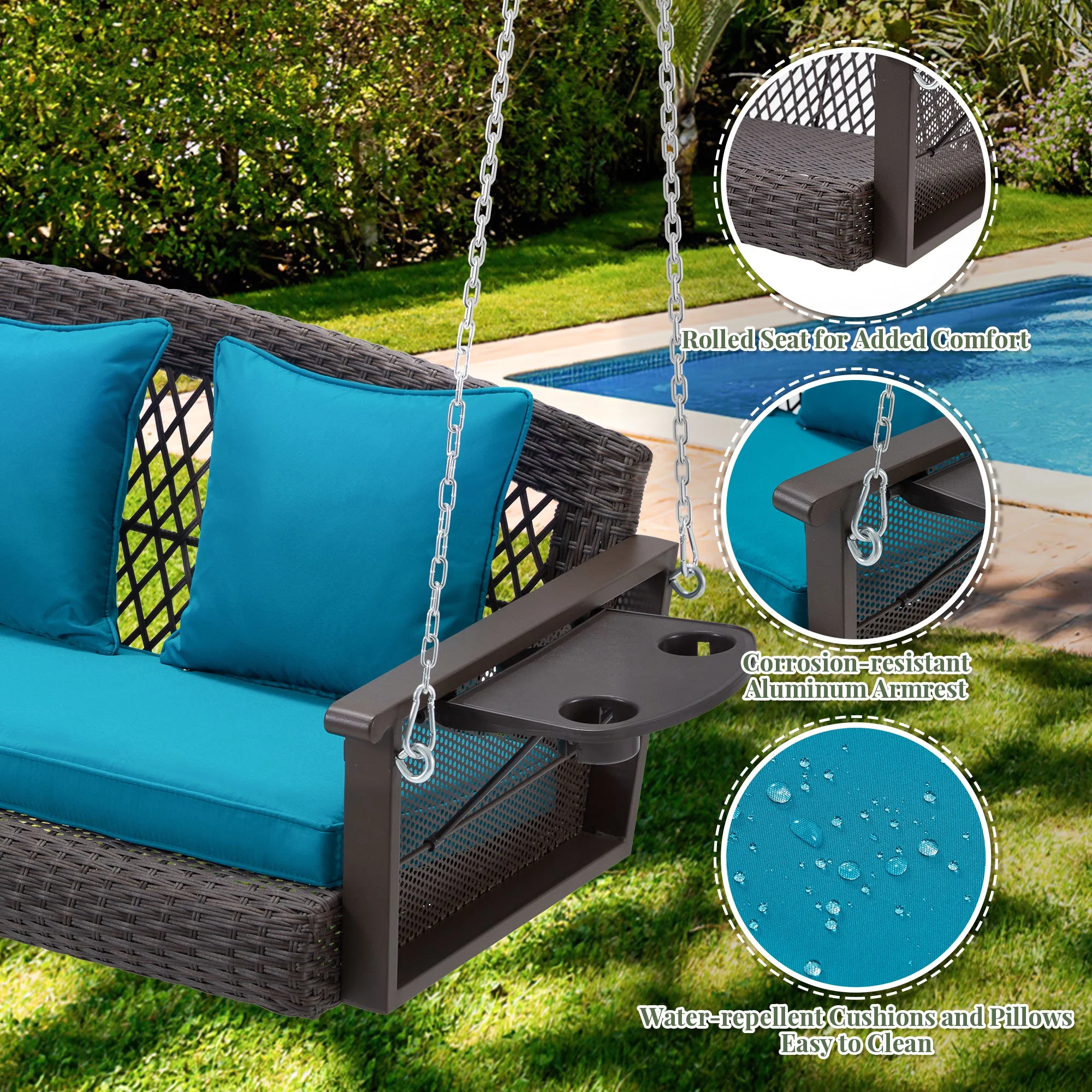 Homrest 3-Person Porch Swing 55in Wicker Hanging Swing Bench with Cushions and Cupholders for Deck, Garden and Backyard, Beige - Image 23