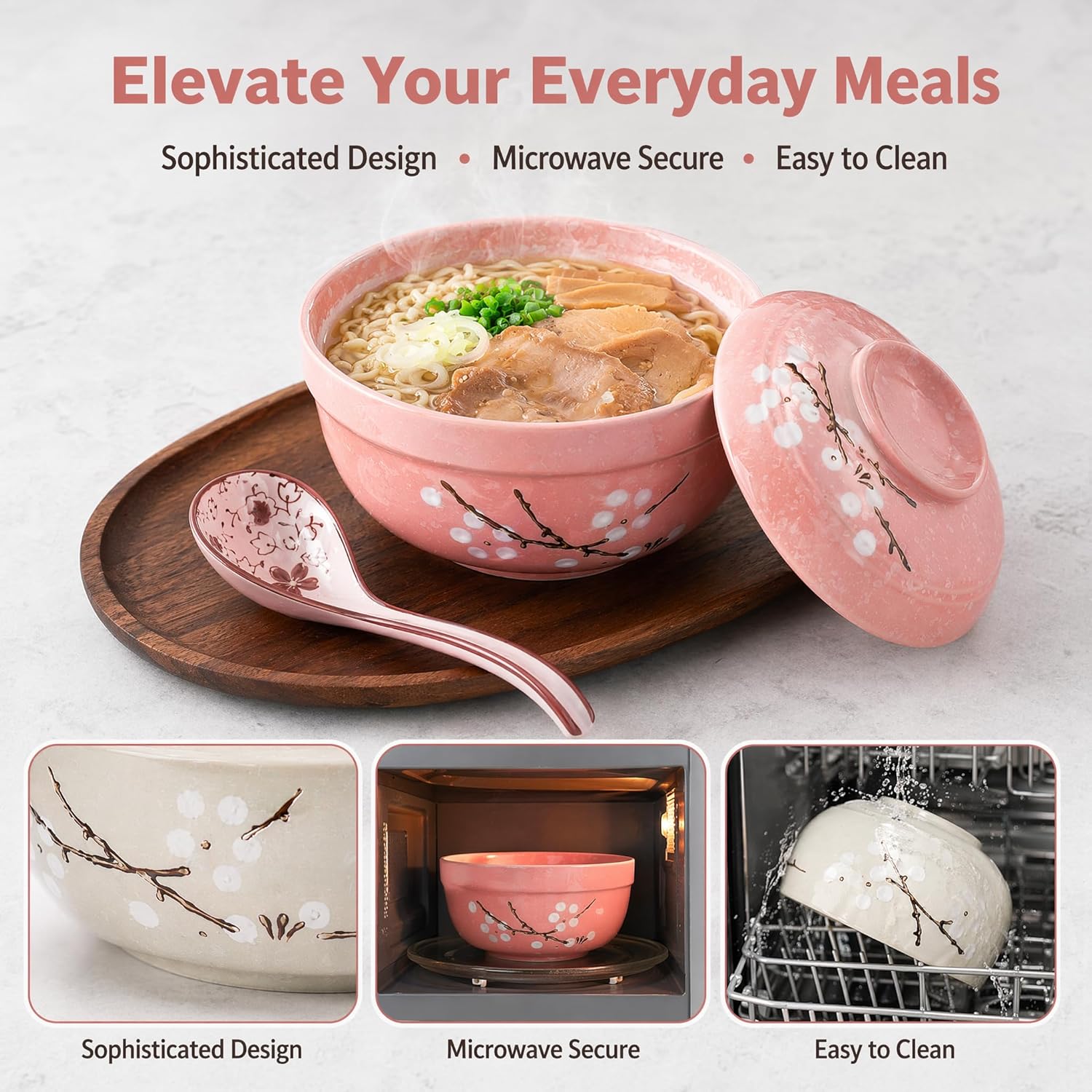Goaste 2 Pack Ceramic Ramen Noodle Bowl, 27 OZ Big Ramen Bowl with Lid, Japanese Hand-Painted Ceramic Tableware, Durable Floral Soup Bowl for Noodles, Porridge, Rice, Dishwasher Safe(Pink, Cyan Blue)