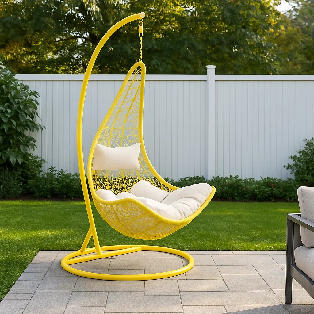 Sillón colgante de 1 plaza de resina trenzada amarilla con cojín blanco - BEQXgET241QF