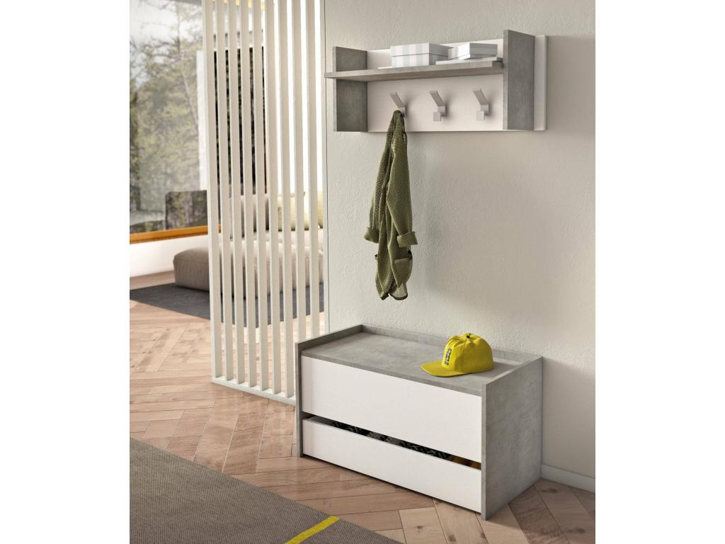 Mueble de entrada Nestleano - Entrada moderna con perchero - Mueble con zapatero - Armario multifunción - Cm 50x32h182 - Cemento y Blanco