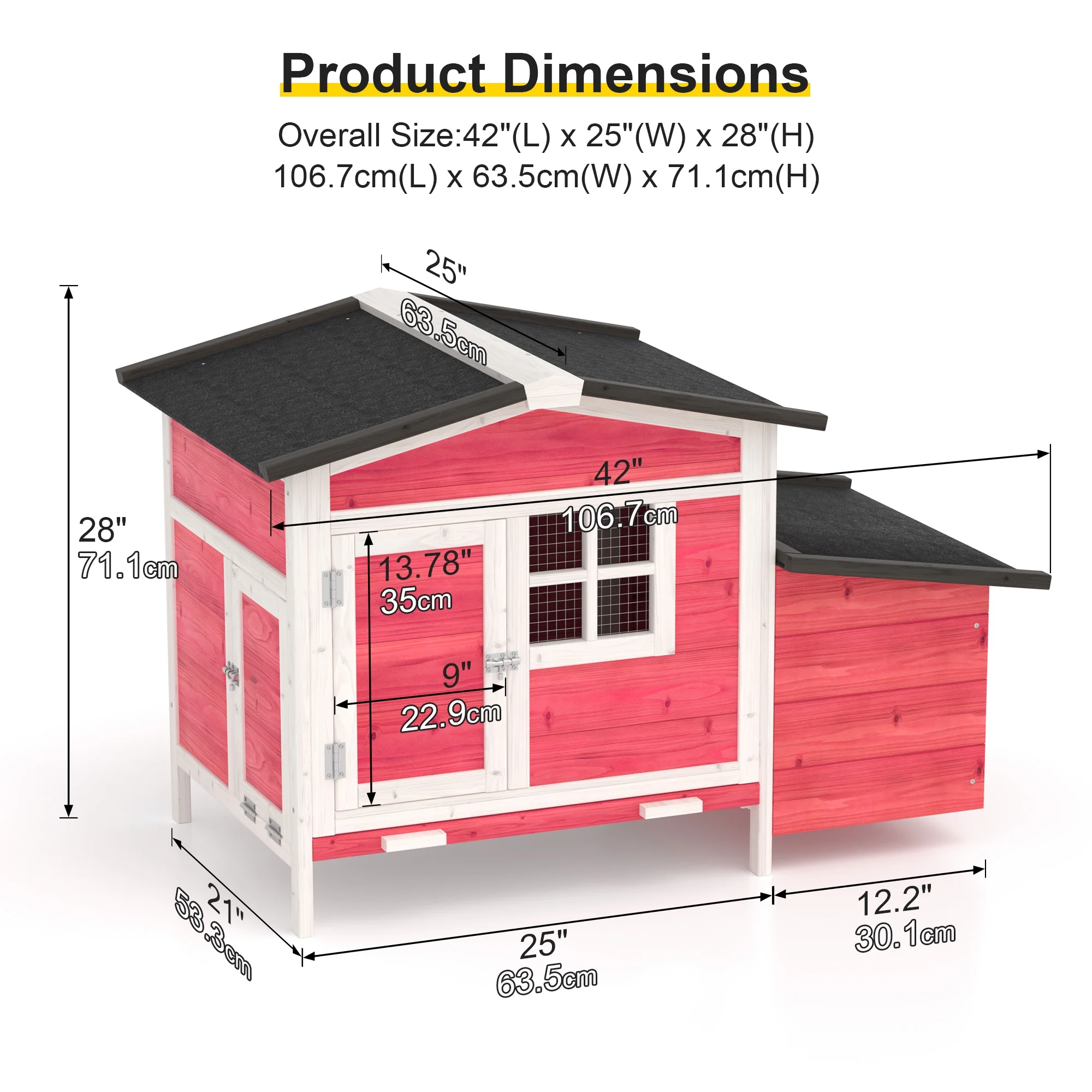 Outdoor Chicken Coop Rabbit Hutch Wooden Hen House w/ Nesting Box & Tray Poultry Cage for Outdoor Indoor - Image 19