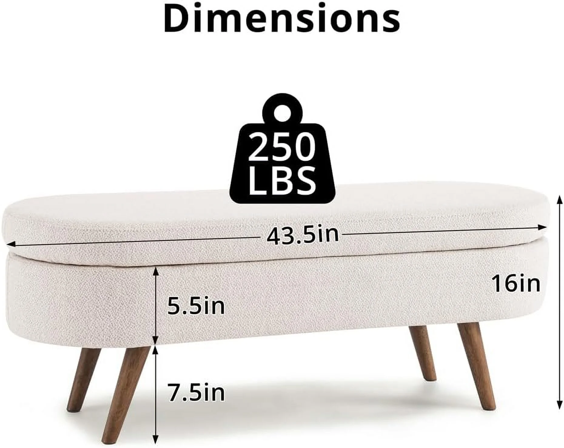Sumdeal 43.5" Storage Ottoman Bench with 250lb Seating, Linen Upholstered Wood Legs Safety Hinge Flip Top Oval Foot Rest Long Stool for Sofa Couch Bedroom End of Bed Living Room Entryway, White - Image 23