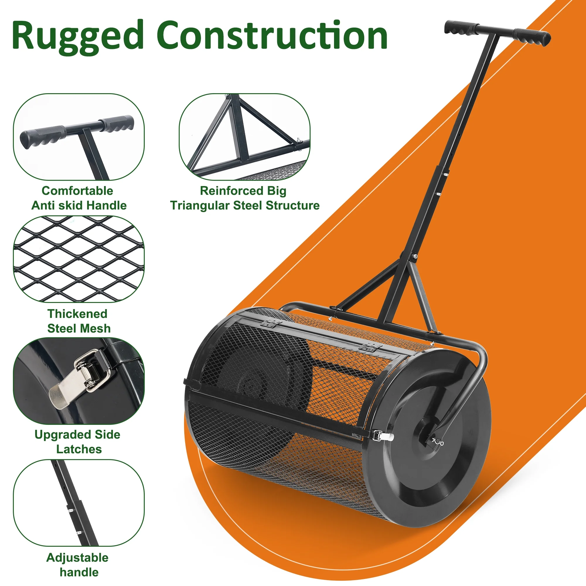 MUCHANT 24" Compost Spreader, Heavy-Duty Metal Mesh Spreader with Adjustable Handle for Lawn, Green - Image 9