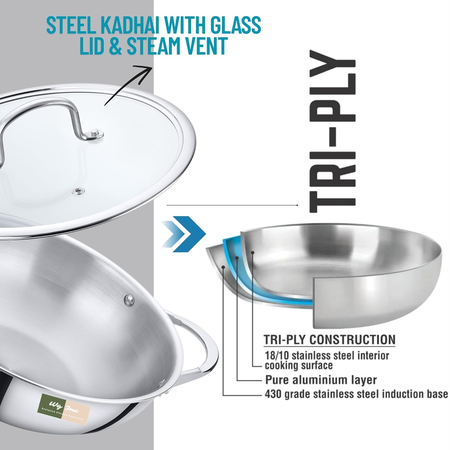 Stainless Steel Wok with Glass Lid, 5.2 QT - 12 Inch / 30 CM Tri-ply Kadhai, Large Wide & Deep Cookware Stir Fry Pans, Dishwasher & Oven Safe, Non Toxic Cooking Wok Pan, Induction Compatible
