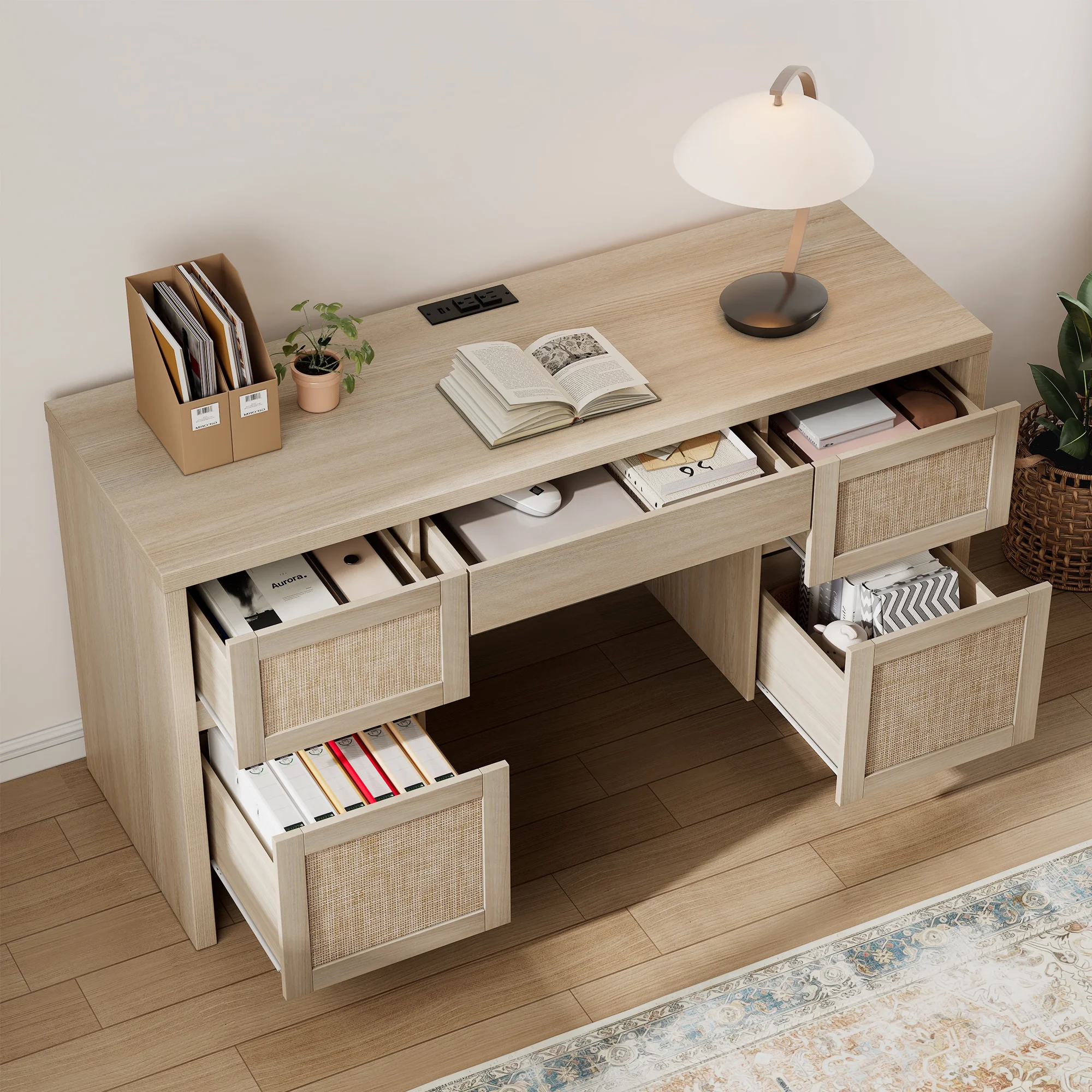 Brafab Home Office Desk with Charging Station, 5-Drawer Executive Desk with Rattan Front, Modern Farmhouse Computer Writing Desk, Built-in USB/Type-C Ports & Outlets - Image 10