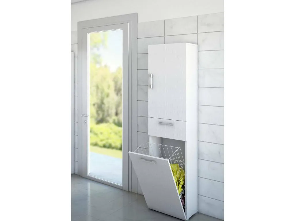Armario multiusos Habitarluz Mueble para lavandería lineal con 2 puertas Columna de baño con cesto para la ropa Made in Italy 45x32h195 VEAY27840