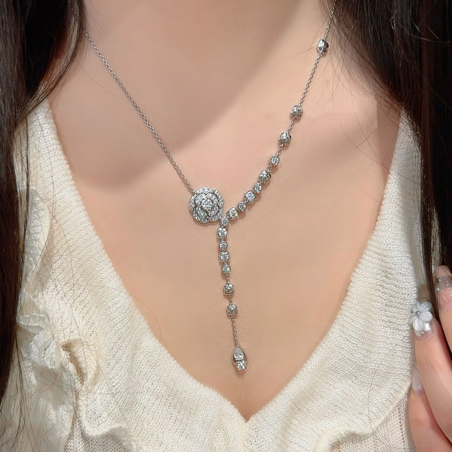 Chanel Camellia Teardrop Y Necklace in Silver Color - Original Replica Club