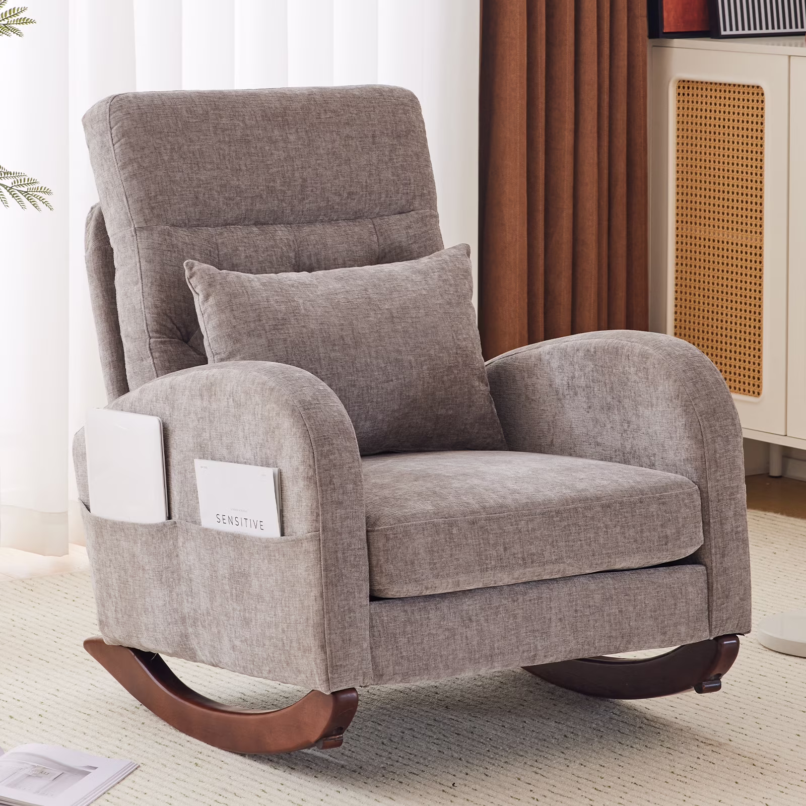 Ktaxon Rocking Accent Chair Glider Reading Chair Comfy Teddy Velvet Upholstered Single Sofa Rocker for Living Room, Nursery, Bedroom Beige - Image 7