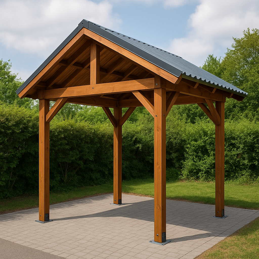 Cochera estructura madera marrón acero exterior jardín 360x300 x 338 cm