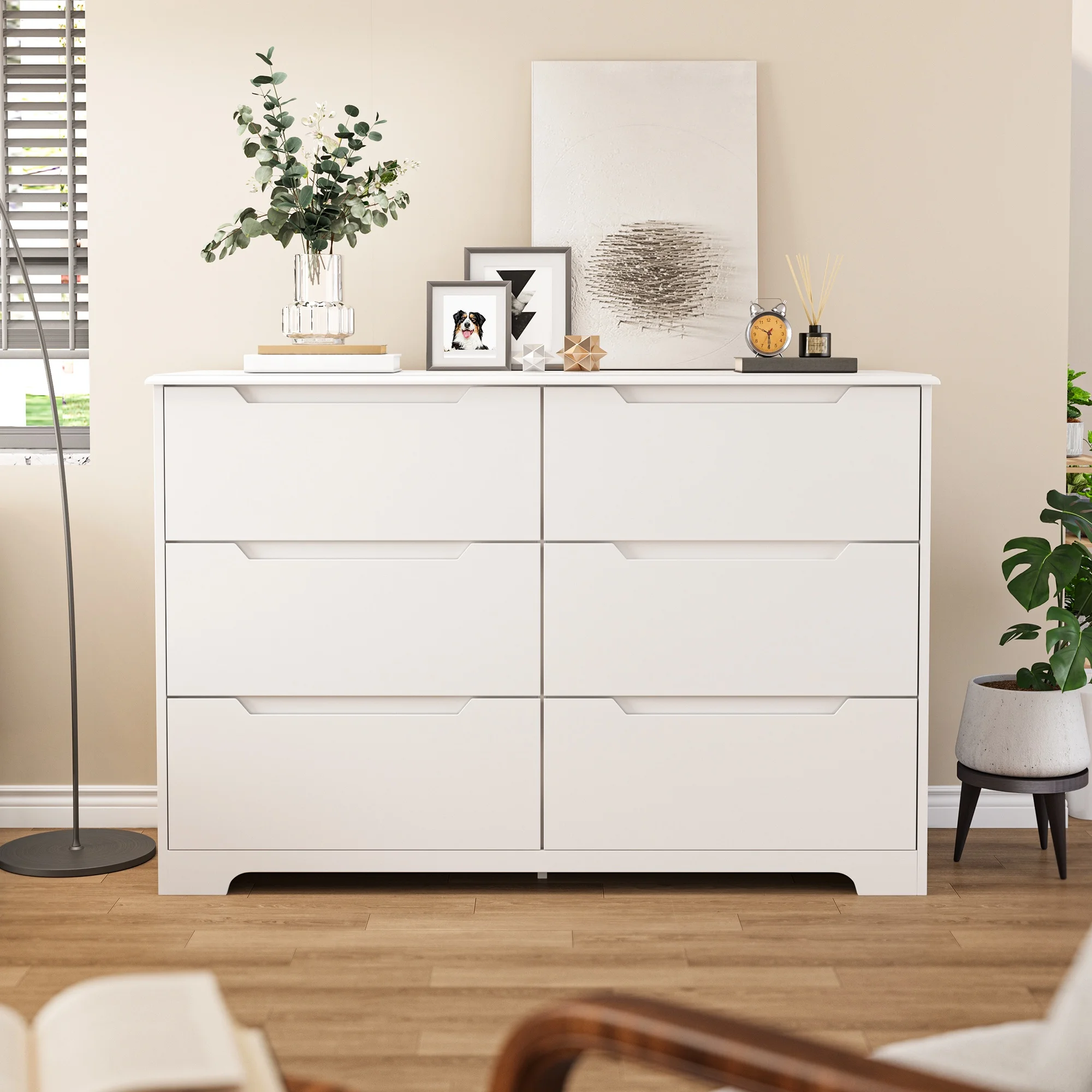 Dresser for Bedroom, Lofka 6 Drawer Double Dresser with Cutout Handles, Large Storage Capacity, Anti-Tip Safety, Modern Wood Chest of Drawers, Smooth Metal Rail, White - Image 7