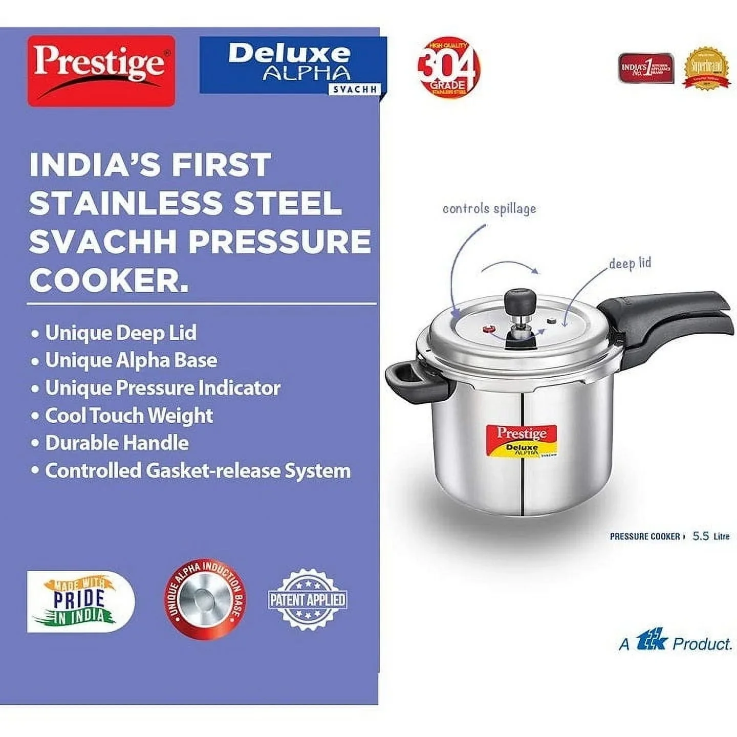 Prestige Deluxe Alpha Svachh 5.5L Stainless Steel Pressure Cooker