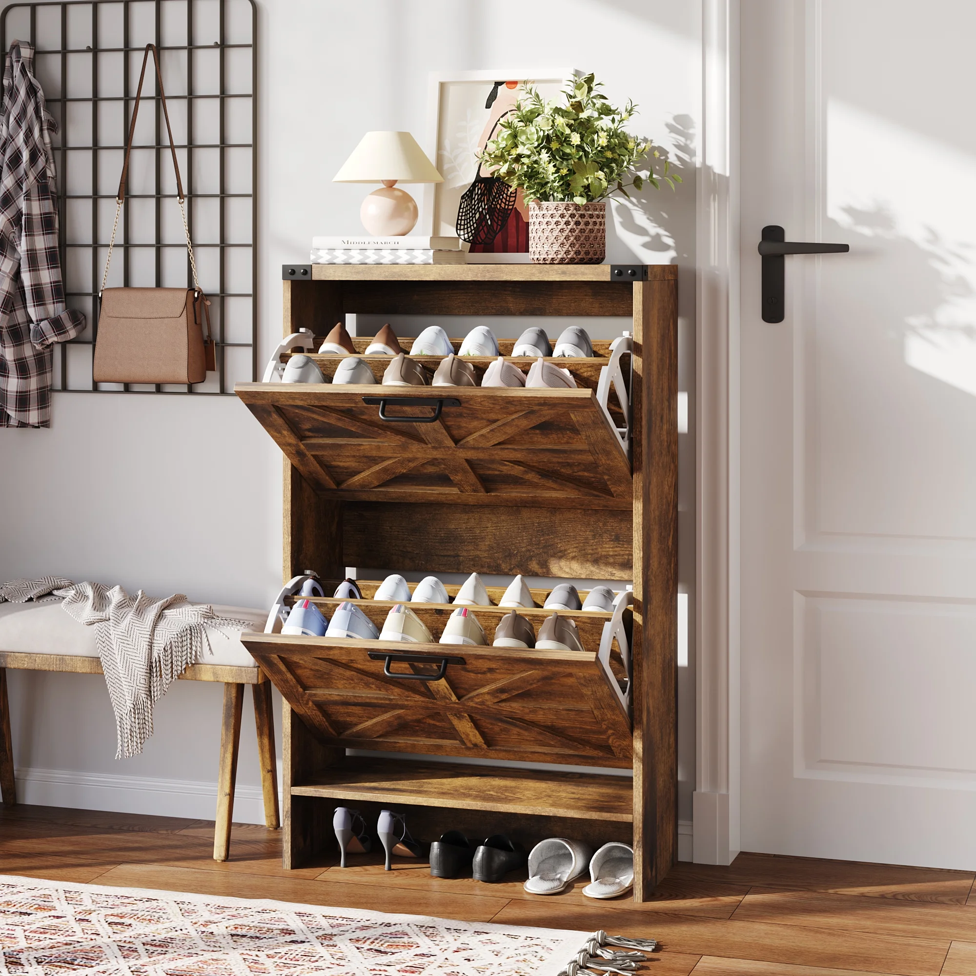 VEANERWOOD Shoes Storage Cabinet With Doors, Farmhouse Shoe Cabinet With 2 Flip Drawers For Entryway,Gray - Image 21