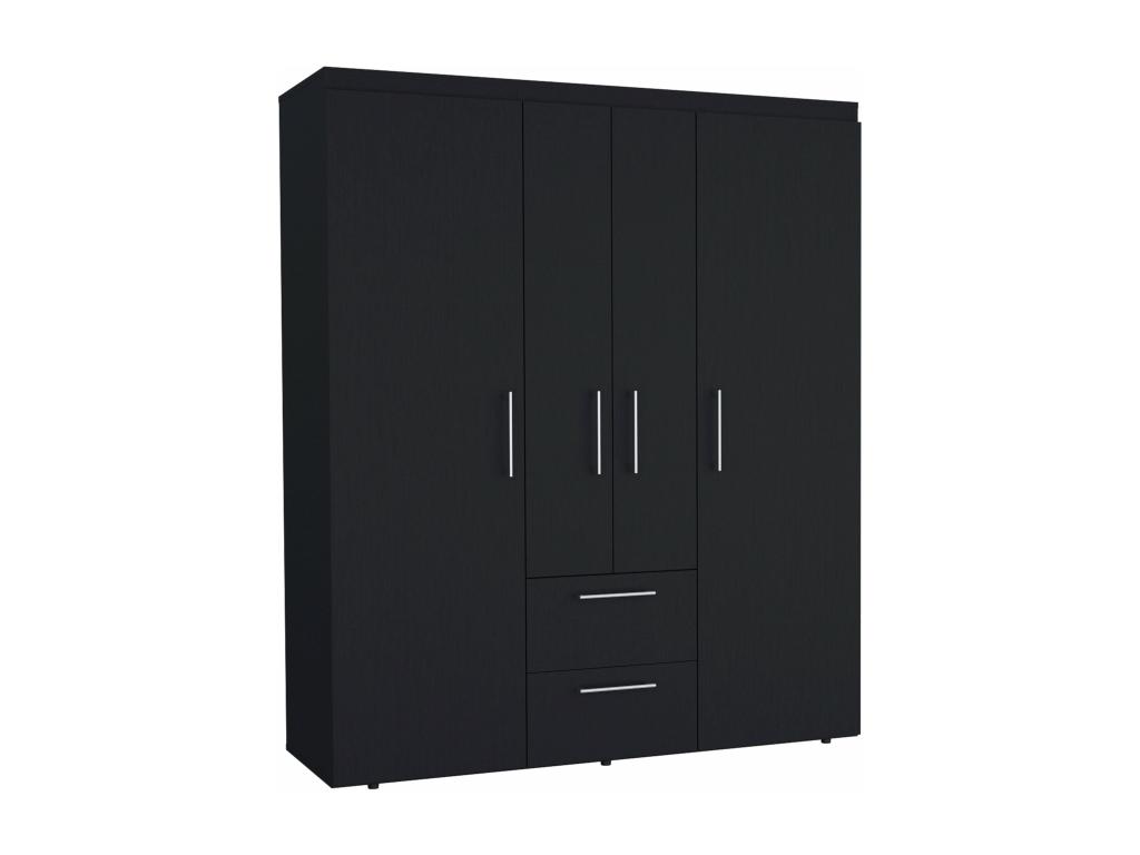 Armario negro de cuatro puertas, incluye estantes, barras para colgar, cajones, 177,9 x 150,3 x 50,4 cm