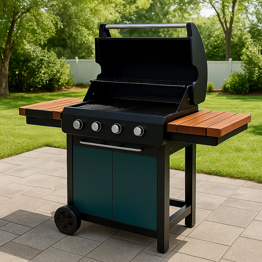 Parrilla de barbacoa, 4 quemadores con estantes laterales de madera, color negro