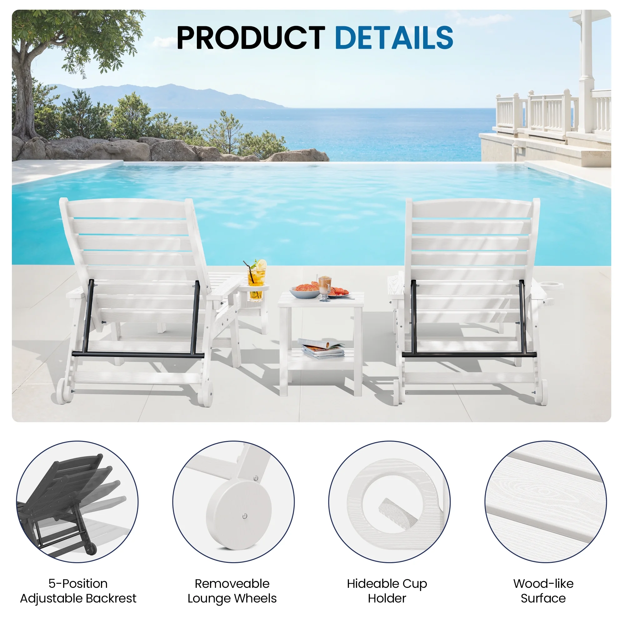 SERWALL Patio Chaise Lounge Chair, 78'' HDPE Outdoor Lounge Chair 5 Positions Pool Lounger Navy Blue - Image 40