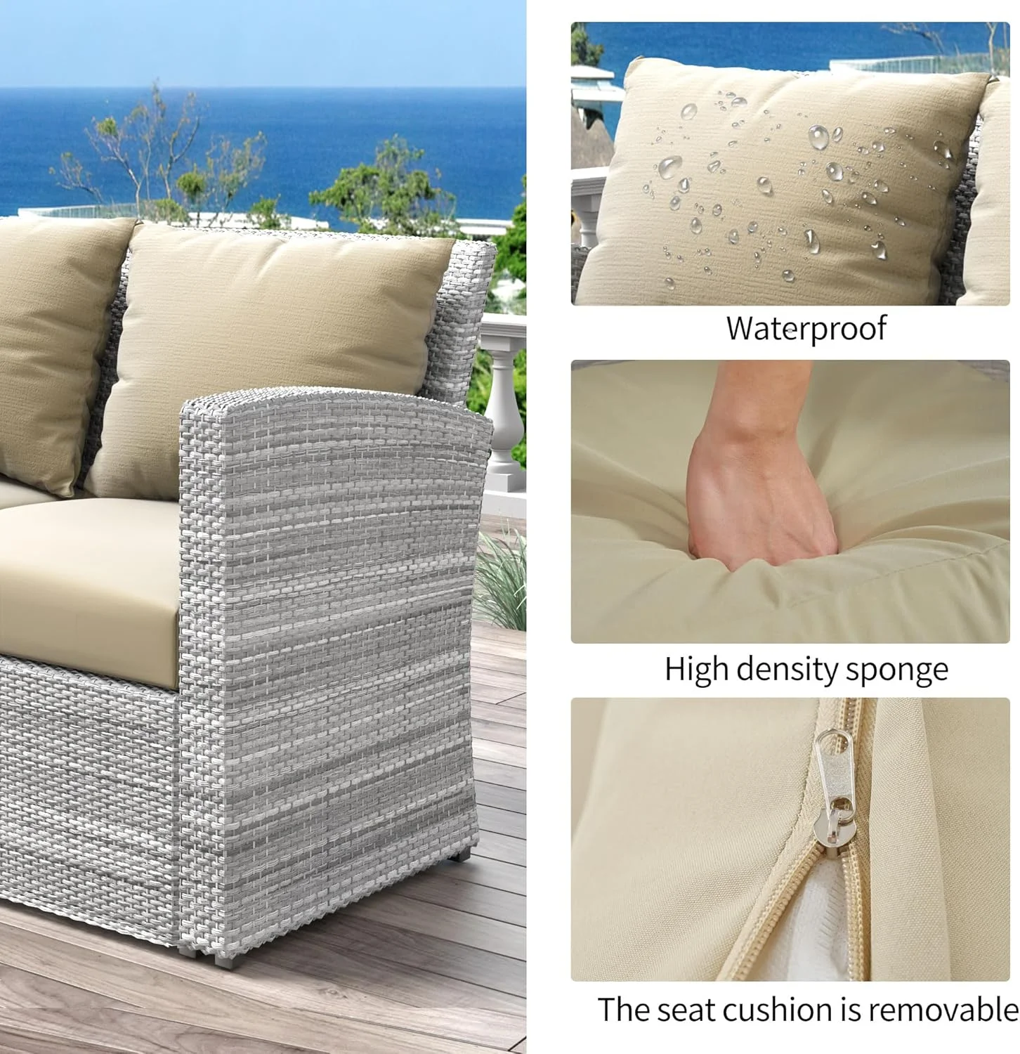 4 Pieces Patio Conversation Set, Outdoor Furniture Set with Cushion, Outside Sectional Rattan Wicker Sofa Furniture Set for Garden, Porch, Backyard, Gray - Image 31