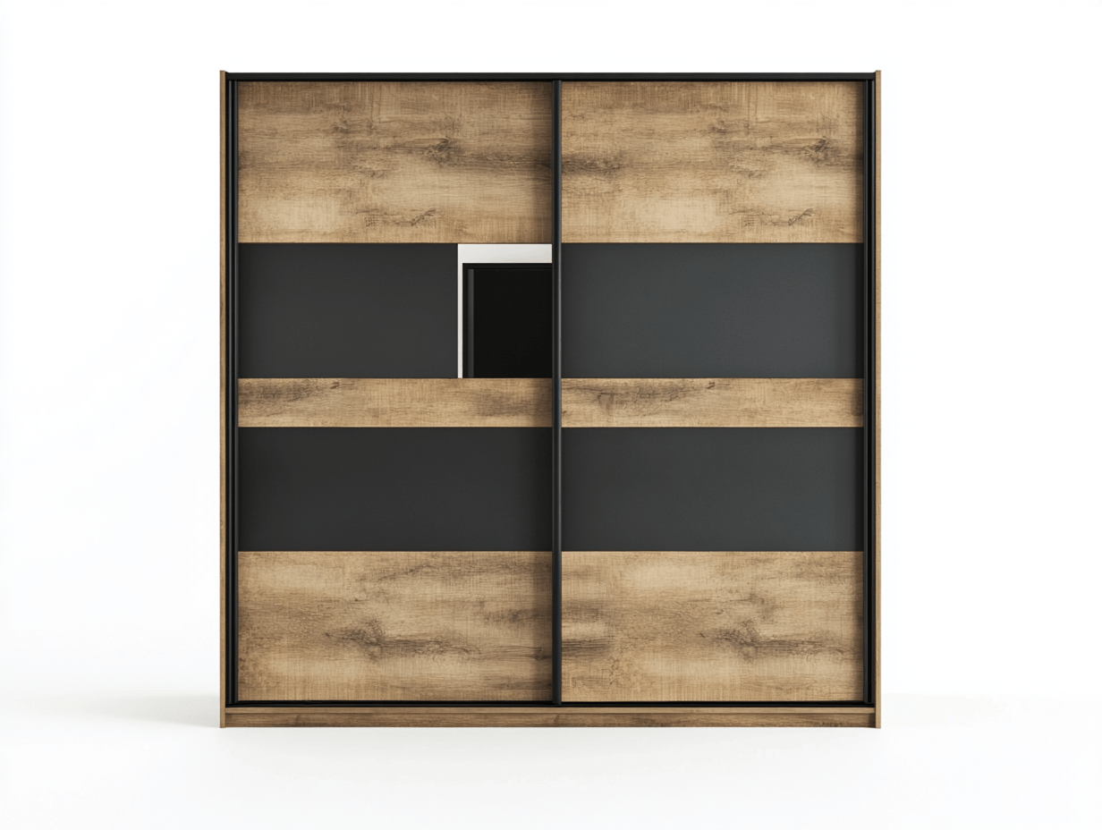 Armario moderno con puertas correderas en madera rústica y paneles negros mate