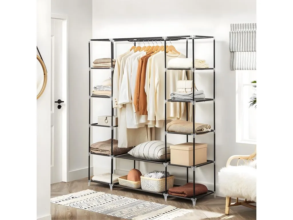 Armario Portátil Armario Plegable Organizador de Ropa con Rieles para Colgar Estantes Cubierta de Tela 150x45x175 cm