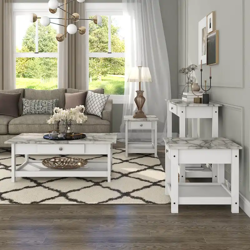 Denhour DH BASIC 4-Piece Open-Shelf Coffee Table Set with Drawer in Transitional Rubberwood