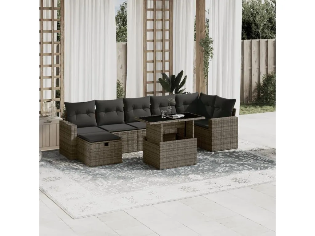 Set de sofás de jardín y cojines 8 piezas ratán sintético gris